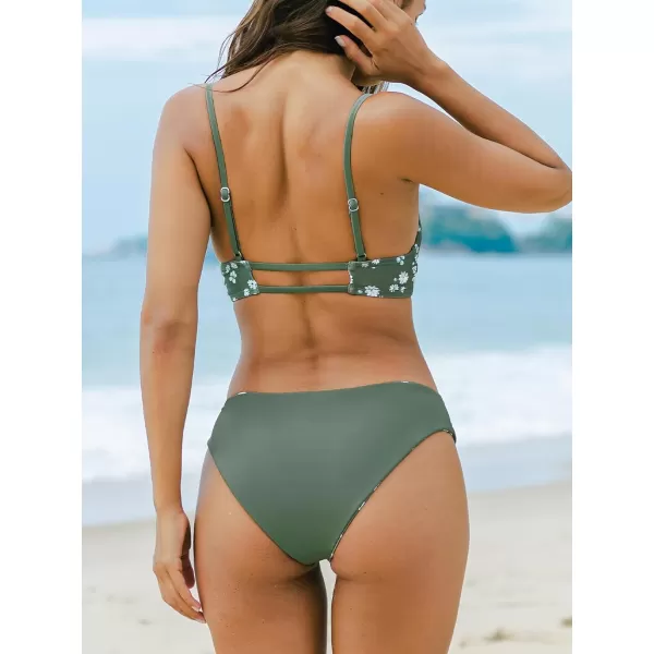 imageCUPSHE Women Swimsuit Bikini Sets Reversible Square Neck Cutout Mid Rise Daisy Floral Bathing SuitGreen  Floral