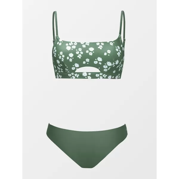 imageCUPSHE Women Swimsuit Bikini Sets Reversible Square Neck Cutout Mid Rise Daisy Floral Bathing SuitGreen  Floral