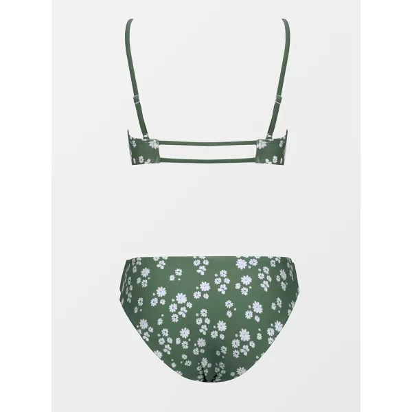 imageCUPSHE Women Swimsuit Bikini Sets Reversible Square Neck Cutout Mid Rise Daisy Floral Bathing SuitGreen  Floral