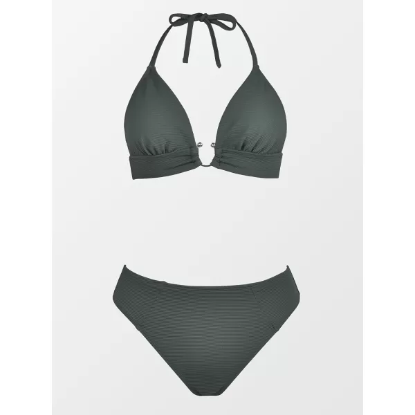 imageCUPSHE Women Swimsuit Bikini Sets Ribbed Textured Halter Mid Rise Two Piece Bathing SuitPewter Green
