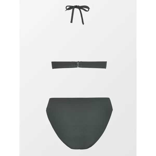imageCUPSHE Women Swimsuit Bikini Sets Ribbed Textured Halter Mid Rise Two Piece Bathing SuitPewter Green