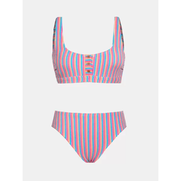 imageCUPSHE Women Swimsuit Bikini Sets Square Neck Button Mid Rise Striped Textured Bathing SuitPink  Blue  Orange