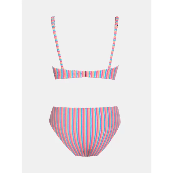 imageCUPSHE Women Swimsuit Bikini Sets Square Neck Button Mid Rise Striped Textured Bathing SuitPink  Blue  Orange