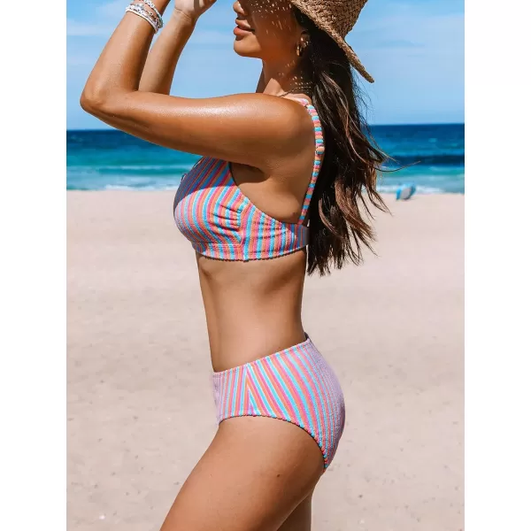 imageCUPSHE Women Swimsuit Bikini Sets Square Neck Button Mid Rise Striped Textured Bathing SuitPink  Blue  Orange