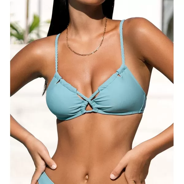 imageCUPSHE Women Swimsuit Bikini Top Braided Drawstring Self Tie Crisscross V Neck Bathing SuitLight Blue