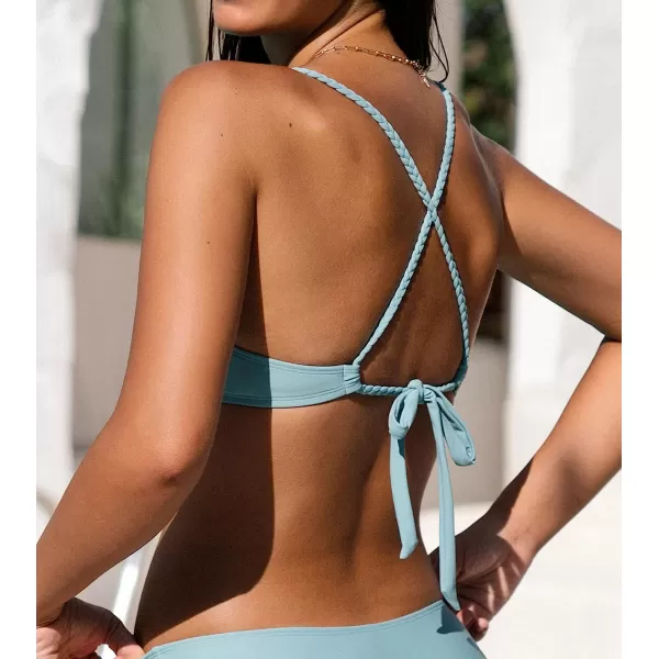 imageCUPSHE Women Swimsuit Bikini Top Braided Drawstring Self Tie Crisscross V Neck Bathing SuitLight Blue
