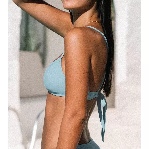 imageCUPSHE Women Swimsuit Bikini Top Braided Drawstring Self Tie Crisscross V Neck Bathing SuitLight Blue