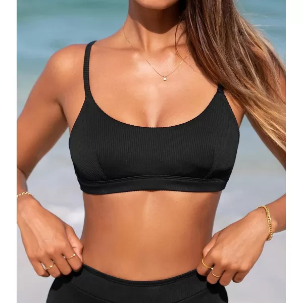 imageCUPSHE Women Swimsuit Bikini Top Ribbed Textured Scoop Neck Bathing SuitBlack