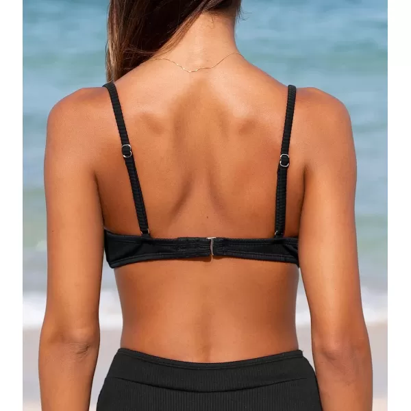 imageCUPSHE Women Swimsuit Bikini Top Ribbed Textured Scoop Neck Bathing SuitBlack