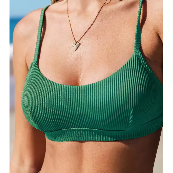imageCUPSHE Women Swimsuit Bikini Top Ribbed Textured Scoop Neck Bathing SuitDark Green