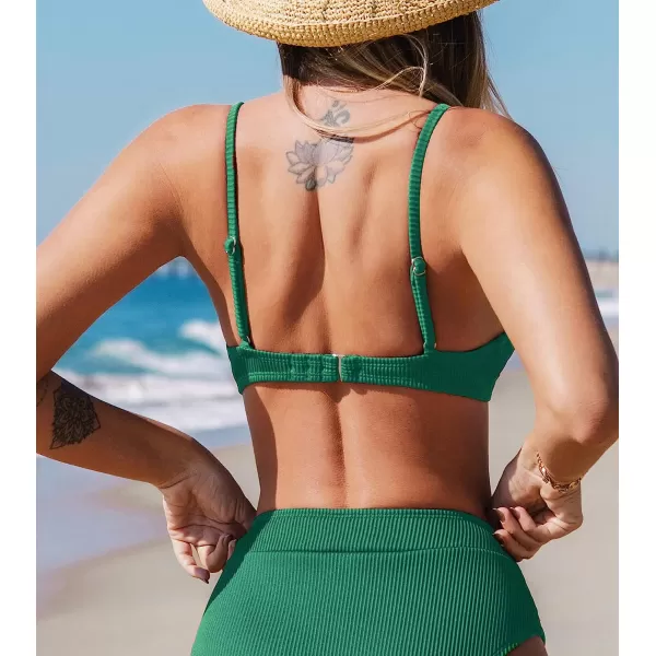 imageCUPSHE Women Swimsuit Bikini Top Ribbed Textured Scoop Neck Bathing SuitDark Green