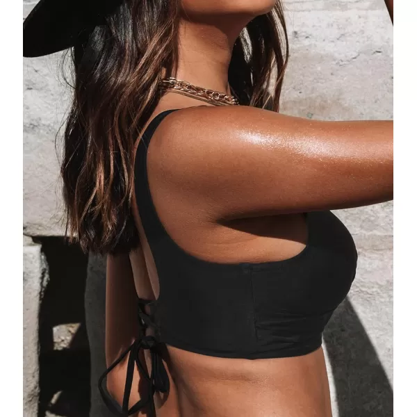 imageCUPSHE Women Swimsuit Bikini Top Wrap Self Tie Bathing Suit with Fixed Wide StrapsBlack