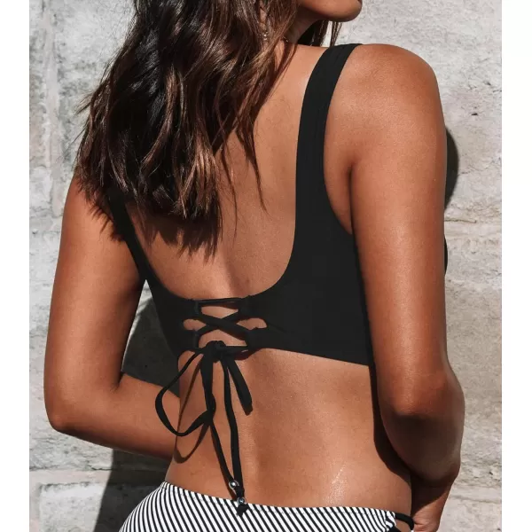 imageCUPSHE Women Swimsuit Bikini Top Wrap Self Tie Bathing Suit with Fixed Wide StrapsBlack