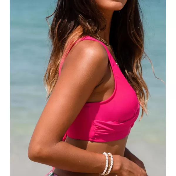 imageCUPSHE Women Swimsuit Bikini Top Wrap Self Tie Bathing Suit with Fixed Wide StrapsBright Pink