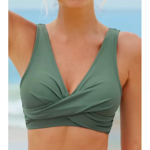 imageCUPSHE Women Swimsuit Bikini Top Wrap Self Tie Bathing Suit with Fixed Wide StrapsDark Green