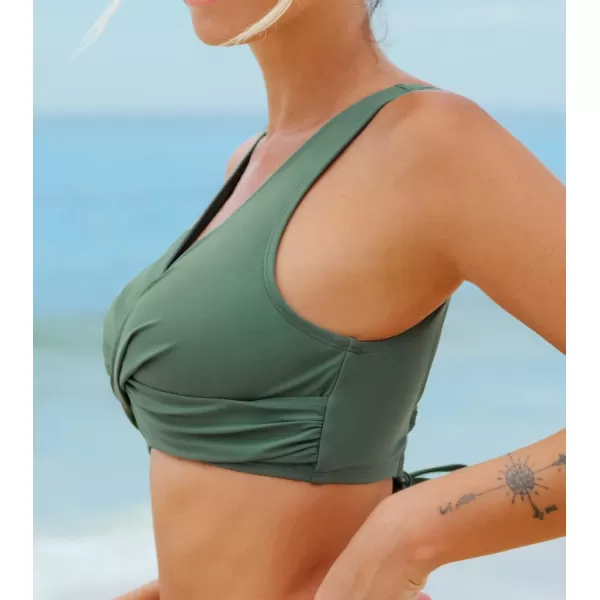 imageCUPSHE Women Swimsuit Bikini Top Wrap Self Tie Bathing Suit with Fixed Wide StrapsDark Green