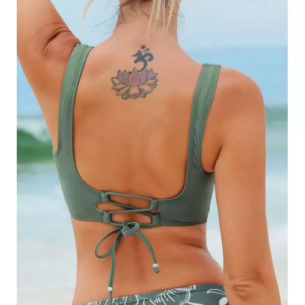 imageCUPSHE Women Swimsuit Bikini Top Wrap Self Tie Bathing Suit with Fixed Wide StrapsDark Green
