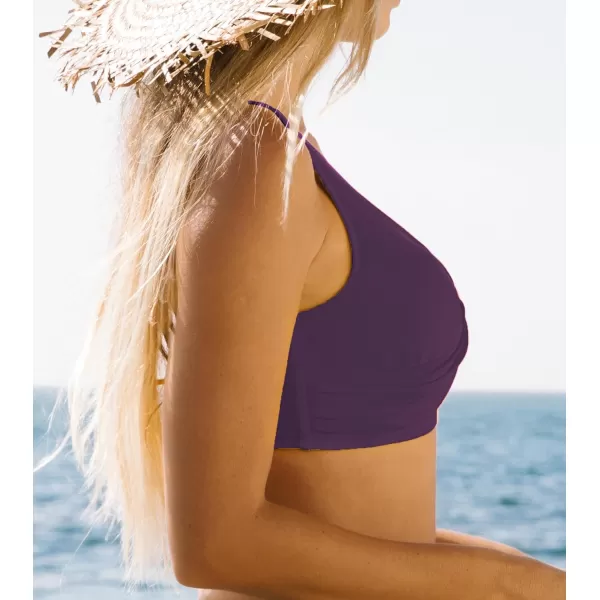imageCUPSHE Women Swimsuit Bikini Top Wrap Self Tie Bathing Suit with Fixed Wide StrapsDark Purple
