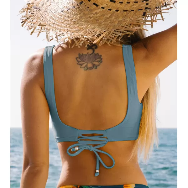 imageCUPSHE Women Swimsuit Bikini Top Wrap Self Tie Bathing Suit with Fixed Wide StrapsGlacier Blue