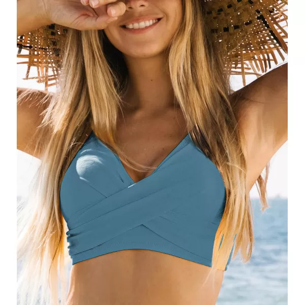 imageCUPSHE Women Swimsuit Bikini Top Wrap Self Tie Bathing Suit with Fixed Wide StrapsGlacier Blue