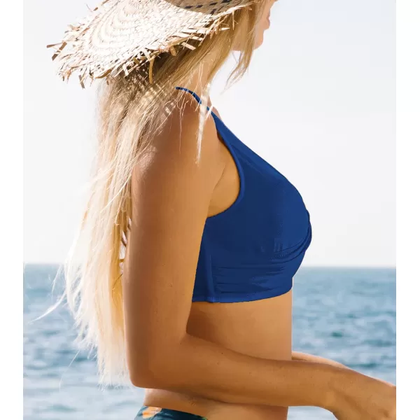 imageCUPSHE Women Swimsuit Bikini Top Wrap Self Tie Bathing Suit with Fixed Wide StrapsNavy Blue