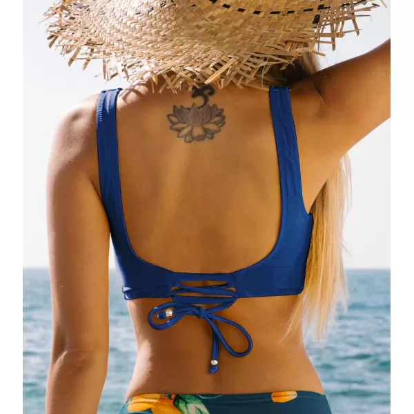 imageCUPSHE Women Swimsuit Bikini Top Wrap Self Tie Bathing Suit with Fixed Wide StrapsNavy Blue