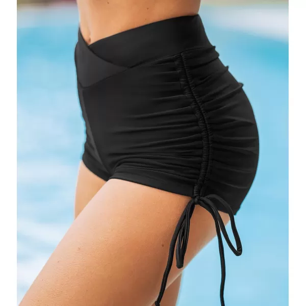 imageCUPSHE Women Swimsuit Board Shorts High Waisted Side Tie Sporty Swim Shorts with Full CoverageBlack