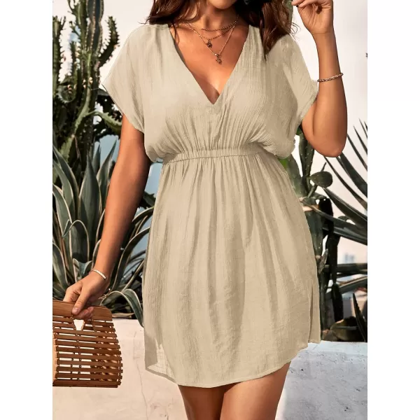 imageCUPSHE Women Swimsuit Coverup Casual V Neck Dress Short Sleeve Elastic Waist Cover Up Dresses 2024 BeachwearBeige