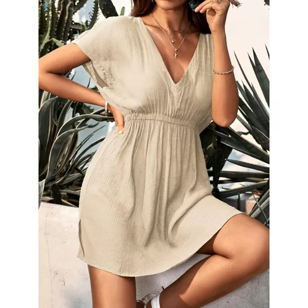 imageCUPSHE Women Swimsuit Coverup Casual V Neck Dress Short Sleeve Elastic Waist Cover Up Dresses 2024 BeachwearBeige