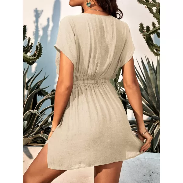 imageCUPSHE Women Swimsuit Coverup Casual V Neck Dress Short Sleeve Elastic Waist Cover Up Dresses 2024 BeachwearBeige
