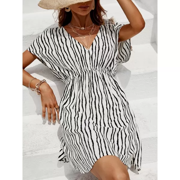 imageCUPSHE Women Swimsuit Coverup Casual V Neck Dress Short Sleeve Elastic Waist Cover Up Dresses 2024 BeachwearBlack  White