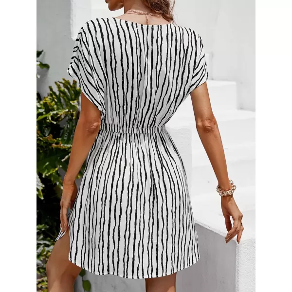 imageCUPSHE Women Swimsuit Coverup Casual V Neck Dress Short Sleeve Elastic Waist Cover Up Dresses 2024 BeachwearBlack  White