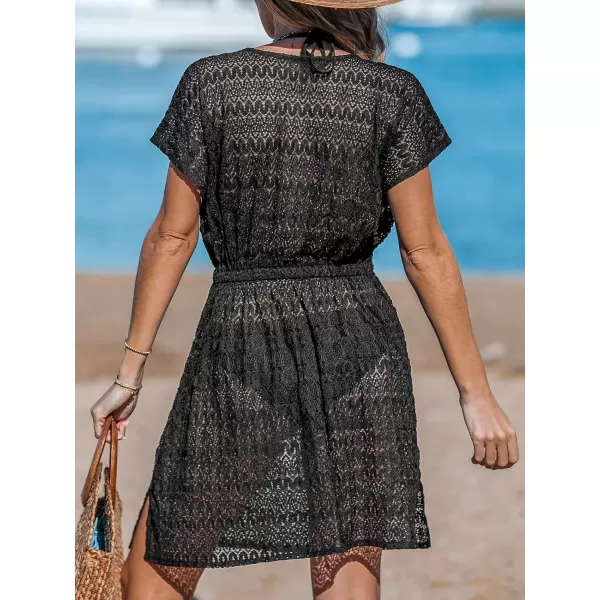 imageCUPSHE Women Swimsuit Coverup Casual V Neck Dress Short Sleeve Elastic Waist Cover Up Dresses 2024 BeachwearBlack
