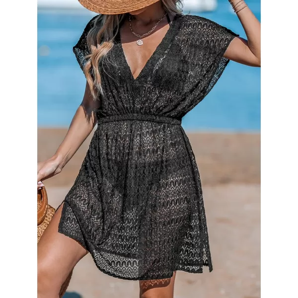 imageCUPSHE Women Swimsuit Coverup Casual V Neck Dress Short Sleeve Elastic Waist Cover Up Dresses 2024 BeachwearBlack