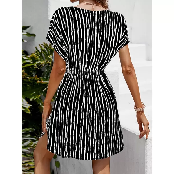imageCUPSHE Women Swimsuit Coverup Casual V Neck Dress Short Sleeve Elastic Waist Cover Up Dresses 2024 BeachwearBlack Stripes