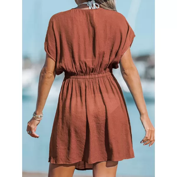imageCUPSHE Women Swimsuit Coverup Casual V Neck Dress Short Sleeve Elastic Waist Cover Up Dresses 2024 BeachwearBurnt Orange