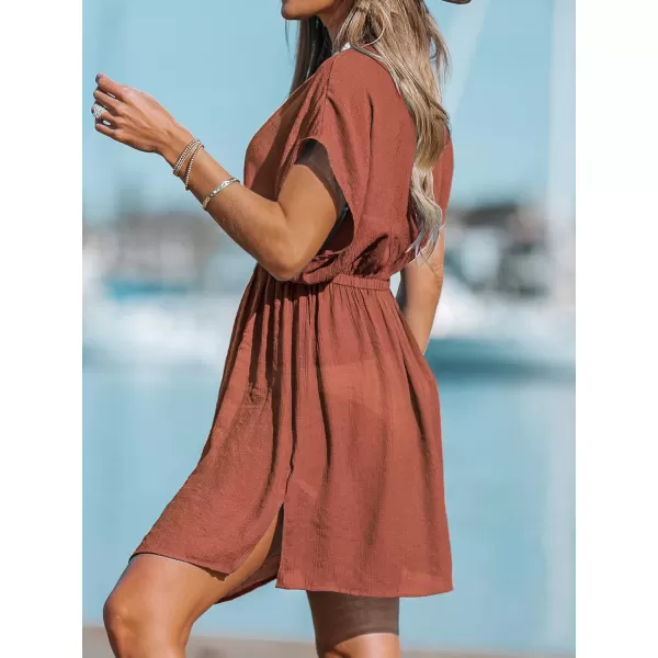 imageCUPSHE Women Swimsuit Coverup Casual V Neck Dress Short Sleeve Elastic Waist Cover Up Dresses 2024 BeachwearBurnt Orange