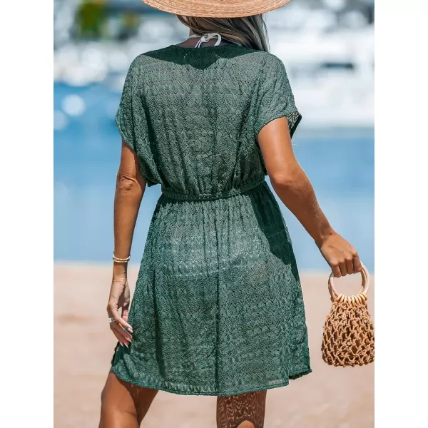 imageCUPSHE Women Swimsuit Coverup Casual V Neck Dress Short Sleeve Elastic Waist Cover Up Dresses 2024 BeachwearCyan