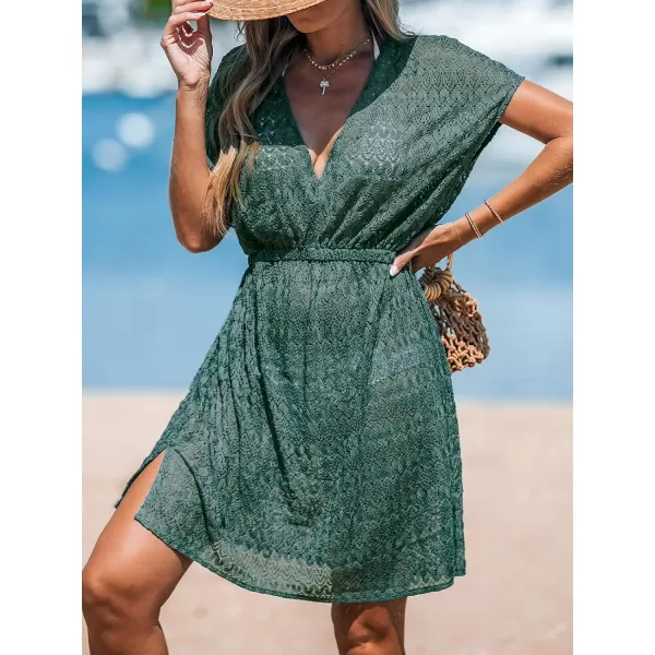 imageCUPSHE Women Swimsuit Coverup Casual V Neck Dress Short Sleeve Elastic Waist Cover Up Dresses 2024 BeachwearCyan