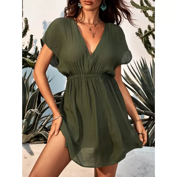 imageCUPSHE Women Swimsuit Coverup Casual V Neck Dress Short Sleeve Elastic Waist Cover Up Dresses 2024 BeachwearDark Green