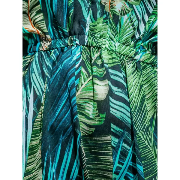 imageCUPSHE Women Swimsuit Coverup Casual V Neck Dress Short Sleeve Elastic Waist Cover Up Dresses 2024 BeachwearGreen Leaf