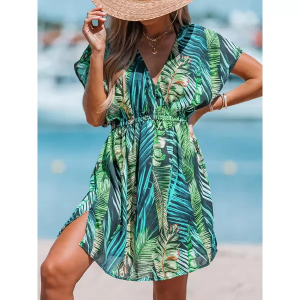 imageCUPSHE Women Swimsuit Coverup Casual V Neck Dress Short Sleeve Elastic Waist Cover Up Dresses 2024 BeachwearGreen Leaf