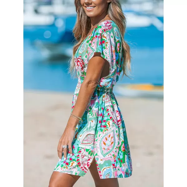 imageCUPSHE Women Swimsuit Coverup Casual V Neck Dress Short Sleeve Elastic Waist Cover Up Dresses 2024 BeachwearGreen Paisley
