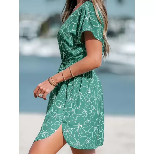 imageCUPSHE Women Swimsuit Coverup Casual V Neck Dress Short Sleeve Elastic Waist Cover Up Dresses 2024 BeachwearGreen01