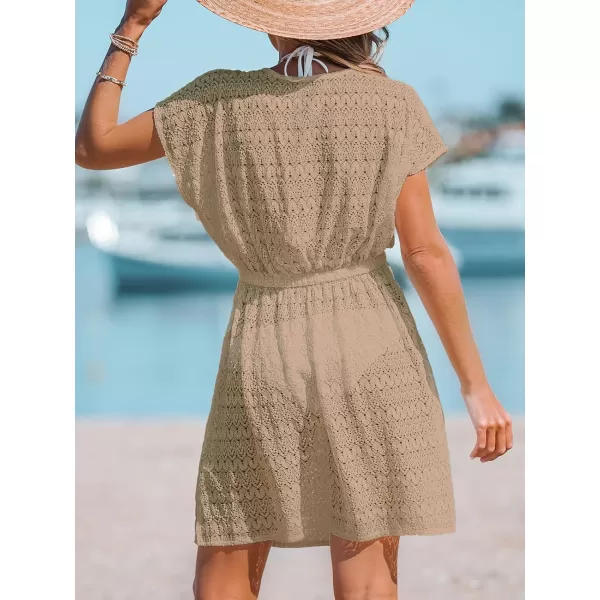 imageCUPSHE Women Swimsuit Coverup Casual V Neck Dress Short Sleeve Elastic Waist Cover Up Dresses 2024 BeachwearKhaki