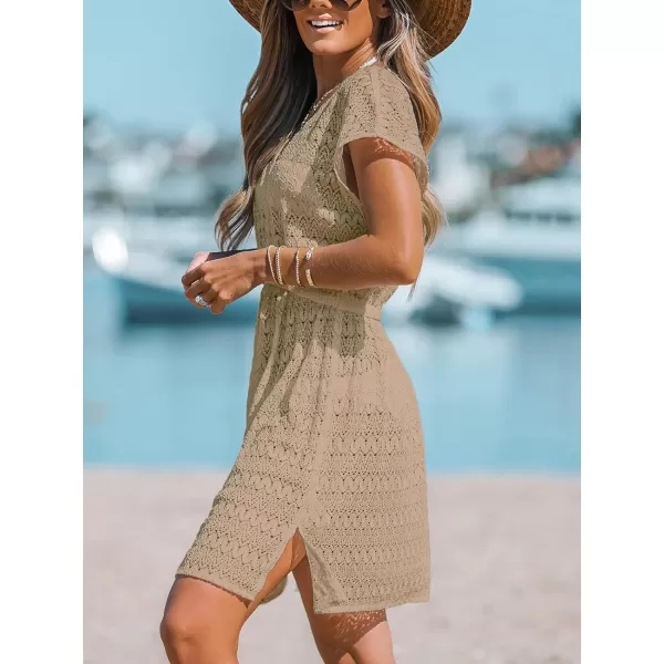imageCUPSHE Women Swimsuit Coverup Casual V Neck Dress Short Sleeve Elastic Waist Cover Up Dresses 2024 BeachwearKhaki