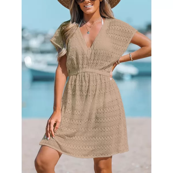 imageCUPSHE Women Swimsuit Coverup Casual V Neck Dress Short Sleeve Elastic Waist Cover Up Dresses 2024 BeachwearKhaki