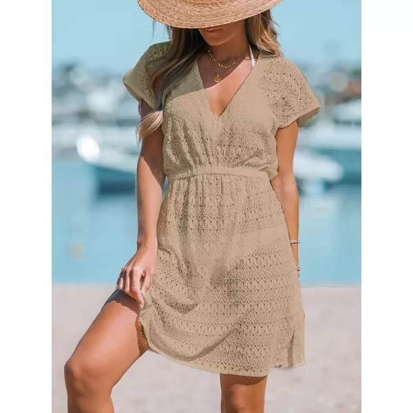 imageCUPSHE Women Swimsuit Coverup Casual V Neck Dress Short Sleeve Elastic Waist Cover Up Dresses 2024 BeachwearKhaki