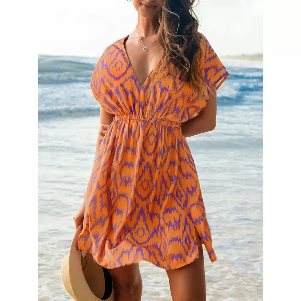 imageCUPSHE Women Swimsuit Coverup Casual V Neck Dress Short Sleeve Elastic Waist Cover Up Dresses 2024 BeachwearOrange Geometric