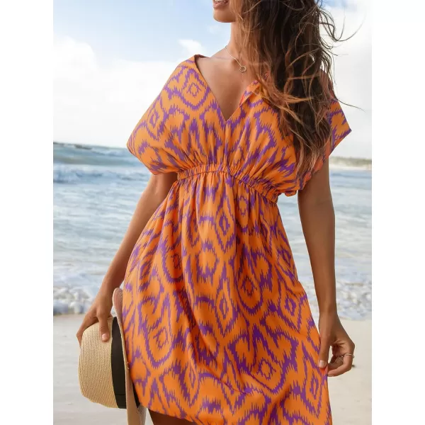 imageCUPSHE Women Swimsuit Coverup Casual V Neck Dress Short Sleeve Elastic Waist Cover Up Dresses 2024 BeachwearOrange Geometric